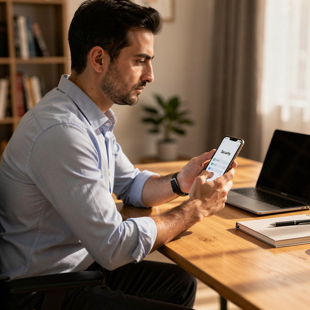 Young man checking phone security settings